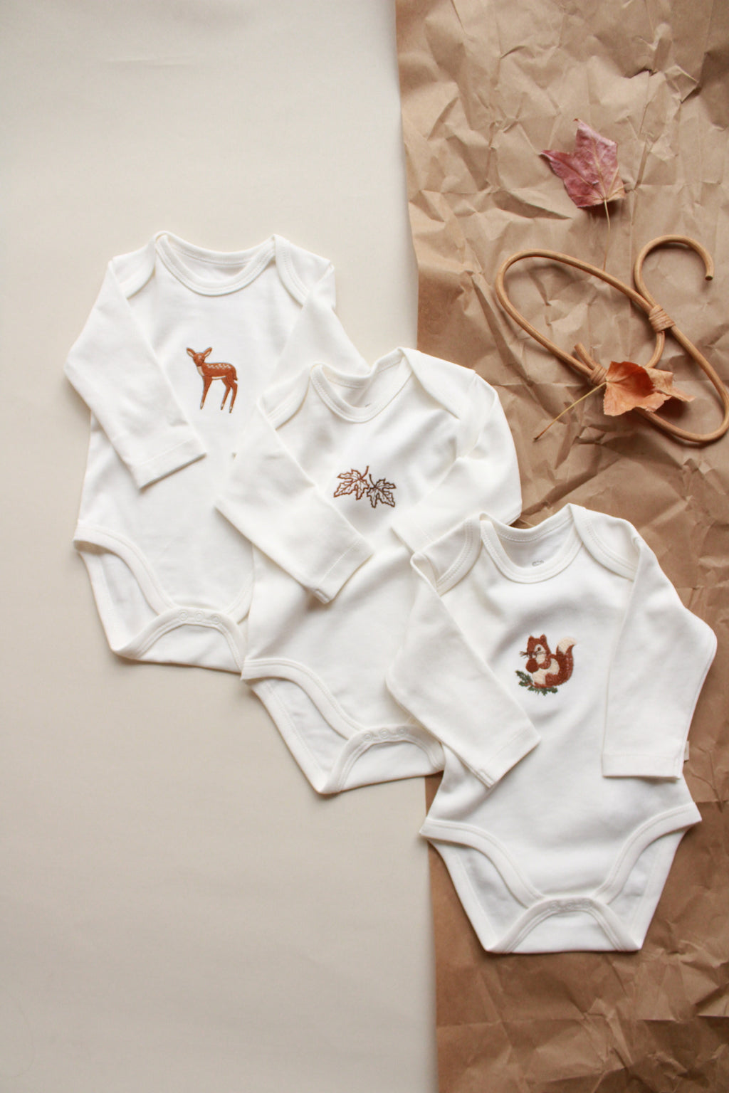 Baby Long Sleeve Bodysuit – 3 Pack (SQUIRREL – GAZELLE – LEAF)