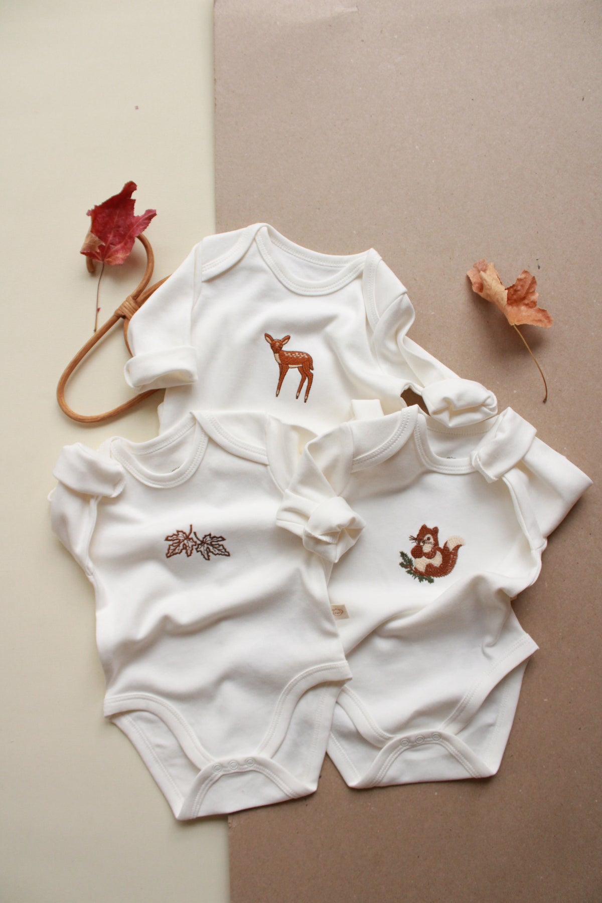 Baby Long Sleeve Bodysuit – 3 Pack (SQUIRREL – GAZELLE – LEAF)